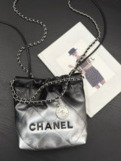 CC HOBO MINI 20CM BLACK GREY LAMBSKIN SILVER HARDWARE