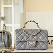 MINI RECTANGLE FLAP BAG TOP HANDLE 20CM GREY LAMBSKIN SILVER HARDWARE