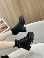 PRADA 26S HIGH TOP MONOLITH SHOES IN BLACK CALFSKIN AND FABRIC WITH POUCH
