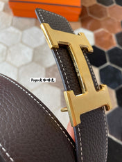 HM CONSTANCE BELT BUCKLE & REVERSIBLE CHOCOLATE BROWN LEATHER STRAP 38MM GOLD HARDWARE