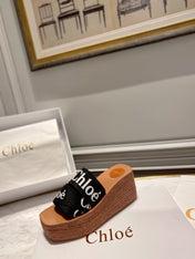 CHLOÉ WOODY WEDGE IN BLACK DENIM WITH WHITE LOGO