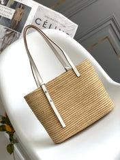 LOEWE 25S BASKET BAG 30 IN NATURAL MIX WHITE RAFFIA CALFSKIN SHOULDER STRAP
