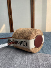 SMALL WOODY BASKET 17 IN NATURAL FIBERS BEIGE WEBBING DARK BROWN CALFSKIN