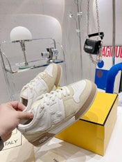 FENDI CASUAL SNEAKER IN WHITE CALFSKIN AND TAN BROWN SUEDE