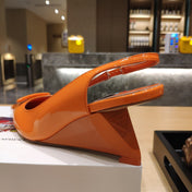 PRADA 26S POINTED TOE WEDGE SLINGBACK PUMPS IN ORANGE PATENT CALFSKIN