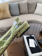 SLINGBACKS IN LIGHT GREEN FABRIC AND BLACK CALFSKIN