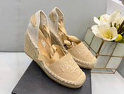 PRADA 26S ESPADRILLE HIGH HEEL SANDALS IN BEIGE CANVAS