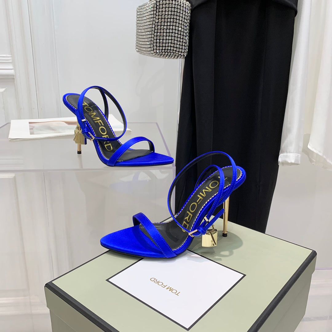TOM FORD 26S GOLD BUCKLE HEELS 105 MM IN NAVY BLUE LAMBSKIN