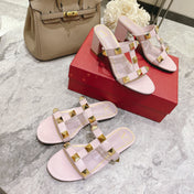 ROMAN STUD LIGHT PINK CALFSKIN FLAT SLIDE SANDAL 25 MM