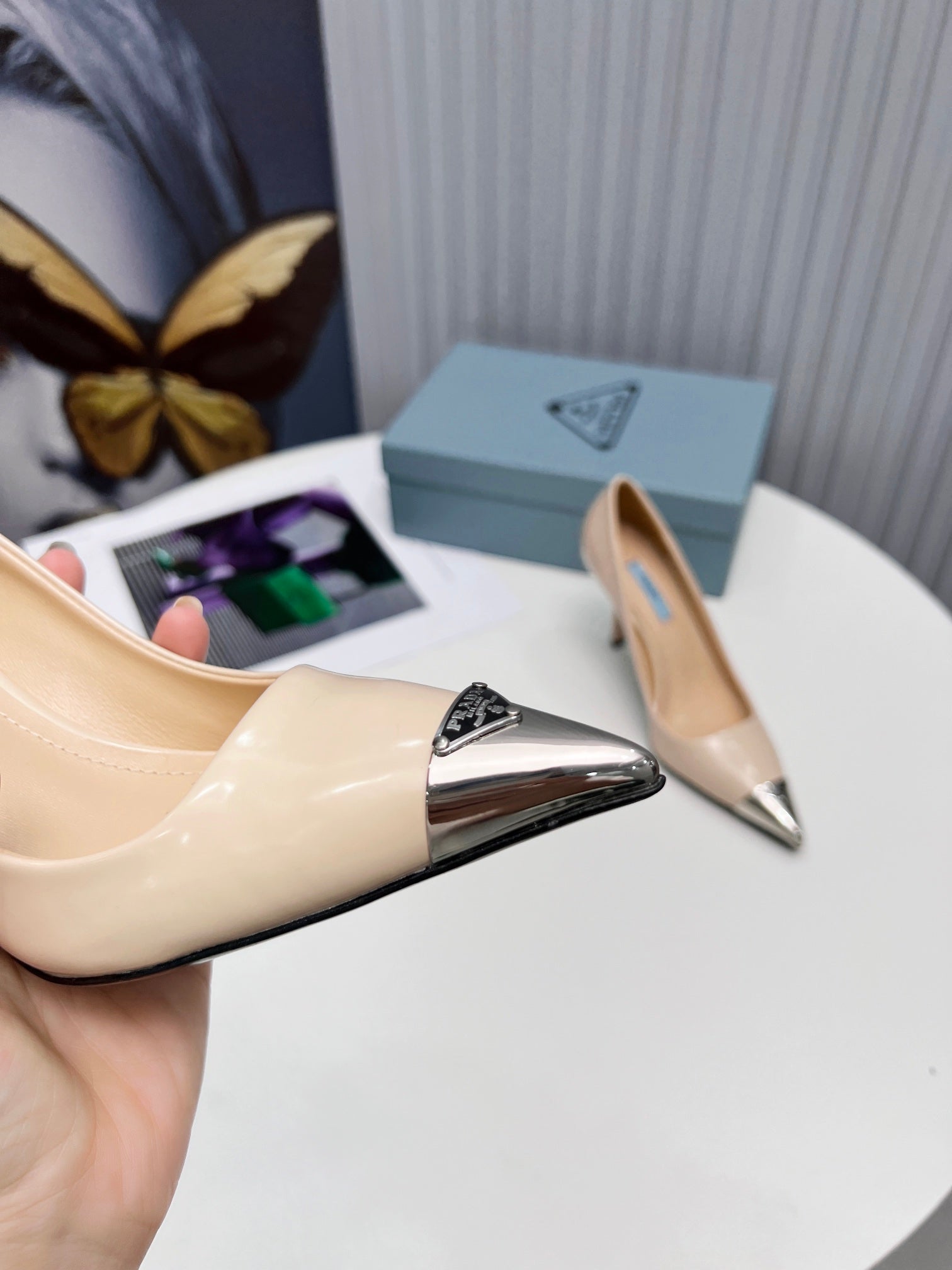PRADA 26S PUMPS STILETTO HEEL 95MM IN NUDE BEIGE METAL TIP CALFSKIN