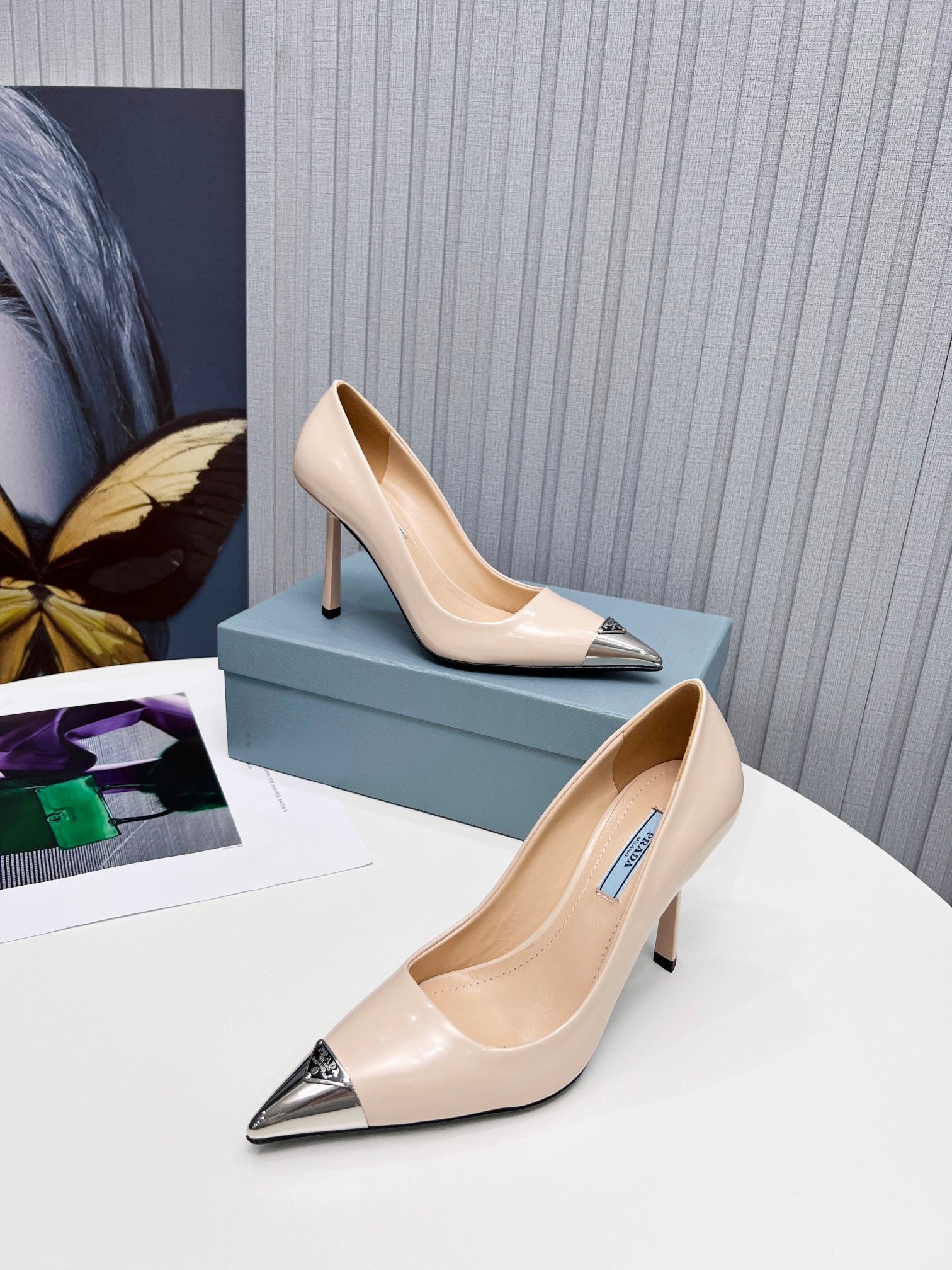 PRADA 26S PUMPS STILETTO HEEL 95MM IN NUDE BEIGE METAL TIP CALFSKIN