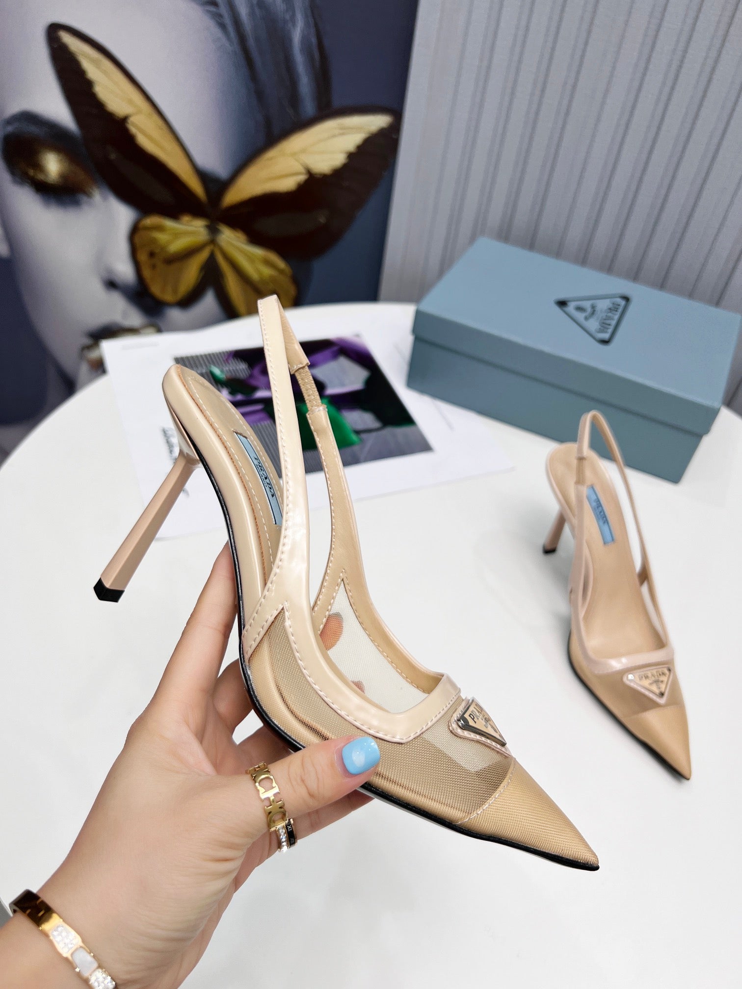PRADA 26S SLINGBACK PUMPS STILETTO HEEL 95MM IN NUDE BEIGE MESH WITH LOGO