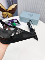 PRADA 26S SLINGBACK PUMPS STILETTO HEEL 95MM IN BLACK MESH WITH LOGO