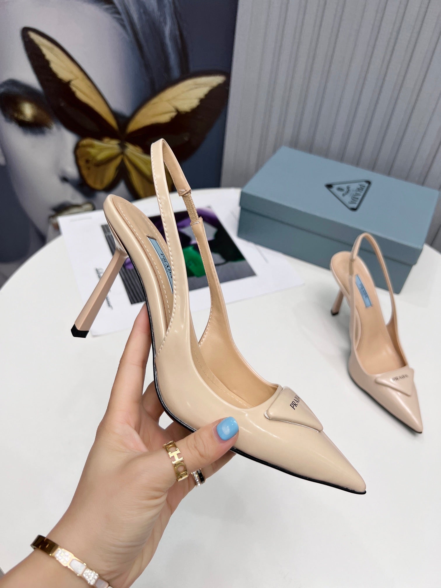 PRADA 26S SLINGBACK PUMPS STILETTO HEEL 95MM IN NUDE BEIGE CALFSKIN LOGO