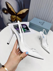 PRADA 26S SLINGBACK PUMPS STILETTO HEEL 95MM IN WHITE PATENT CALFSKIN LOGO