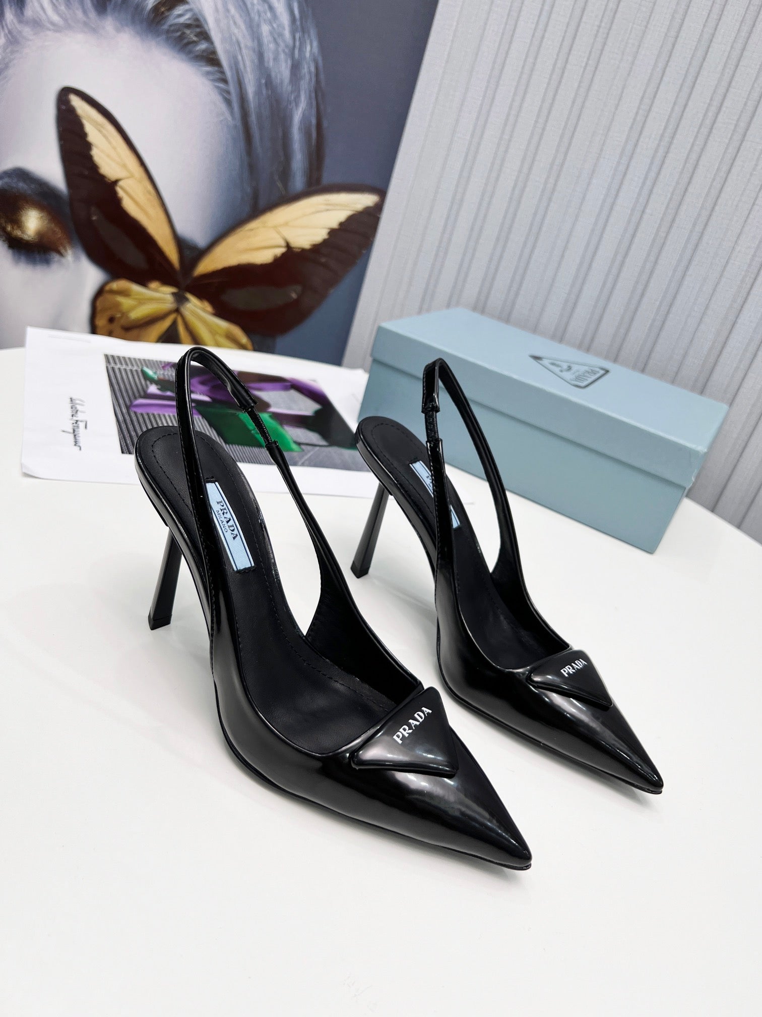 PRADA 26S SLINGBACK PUMPS STILETTO HEEL 95MM IN BLACK PATENT CALFSKIN LOGO