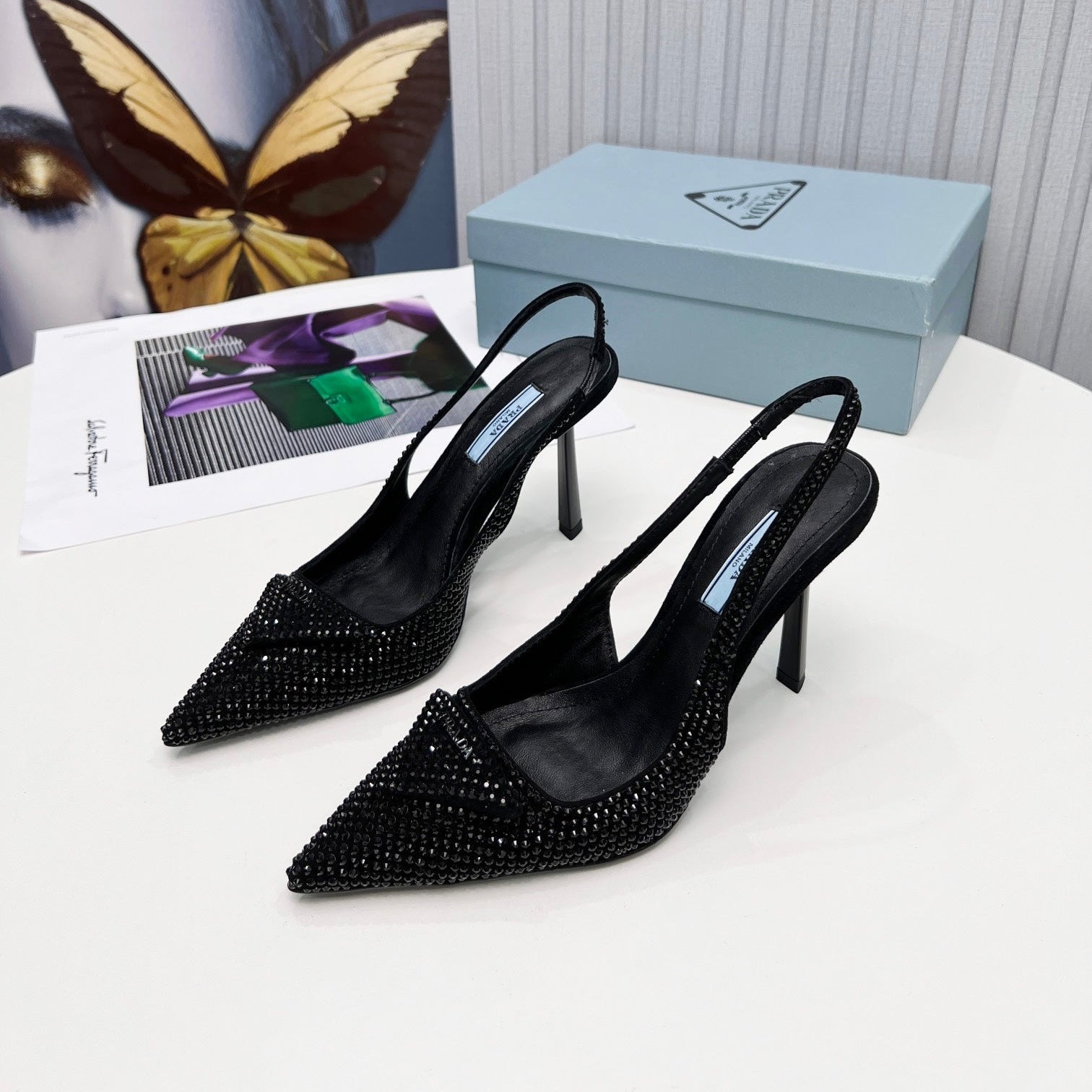 PRADA 26S SLINGBACK PUMPS STILETTO HEEL 95MM IN CRYSTAL EMBELLISHED STYLE 2