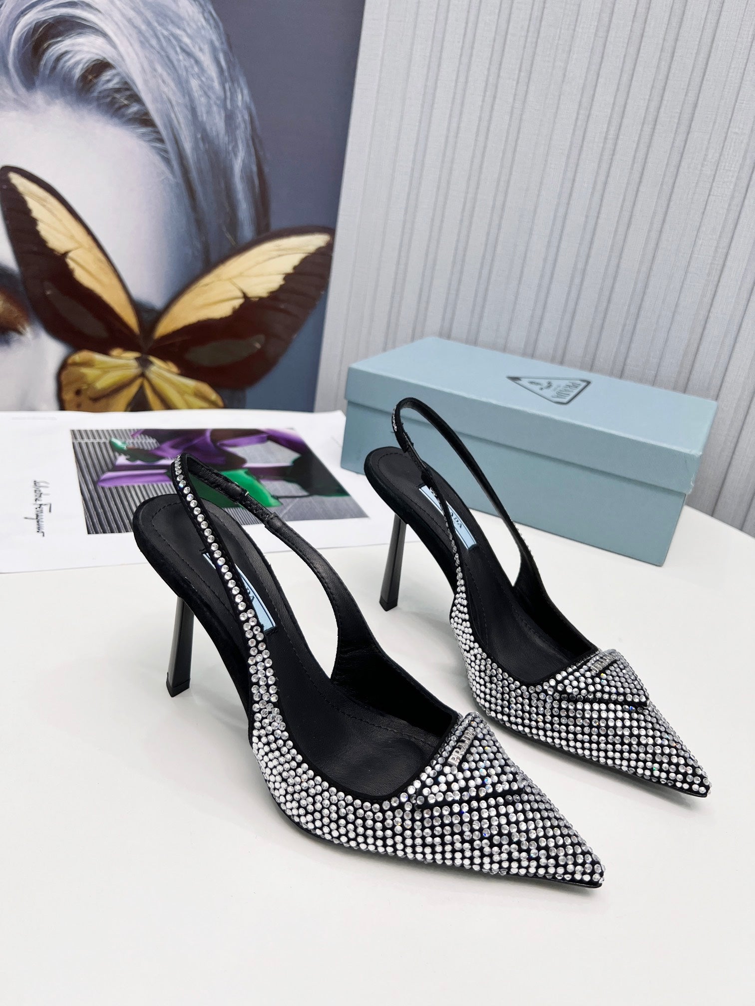 PRADA 26S SLINGBACK PUMPS STILETTO HEEL 95MM IN CRYSTAL EMBELLISHED STYLE 1