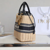 LADY 24 BASKET BAG IN BLACK OBLIQUE JACQUARD MIX BEIGE WICKER