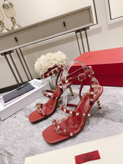 HIGH HEEL 6 CM SANDAL IN RUBY RED LAMBSKIN WITH STUDS