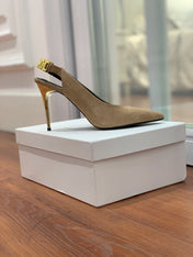 BALMAIN 26S SLINGBACK 95 MM IN LIGHT BROWN SUEDE WITH GOLD HARDWARE