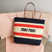 TOTE BAG 40 IN STRIPED PATTERN OF NAVY BLUE RED AND CREAM WHITE WOVEN RAFFIA