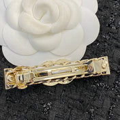 CHANEL 26S DOUBLE C LOGO CHAIN WEAVE BAR HAIR CLIP IN BLACK & WHITE LEATHER AND GOLD METAL 629927