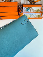 KELLY CUT 31 IN AZURE BLUE CALFSKIN WITH SILVER HARDWARE