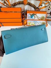 KELLY CUT 31 IN AZURE BLUE CALFSKIN WITH SILVER HARDWARE
