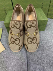 GG HORSEBIT LOAFER IN ECRU BEIGE WOVEN FABRIC AND WOOL MIX LAMB FUR LINING