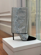 BALMAIN 26S BOOTS 105 MM IN SILVER GLITTER AND BLACK SUEDE