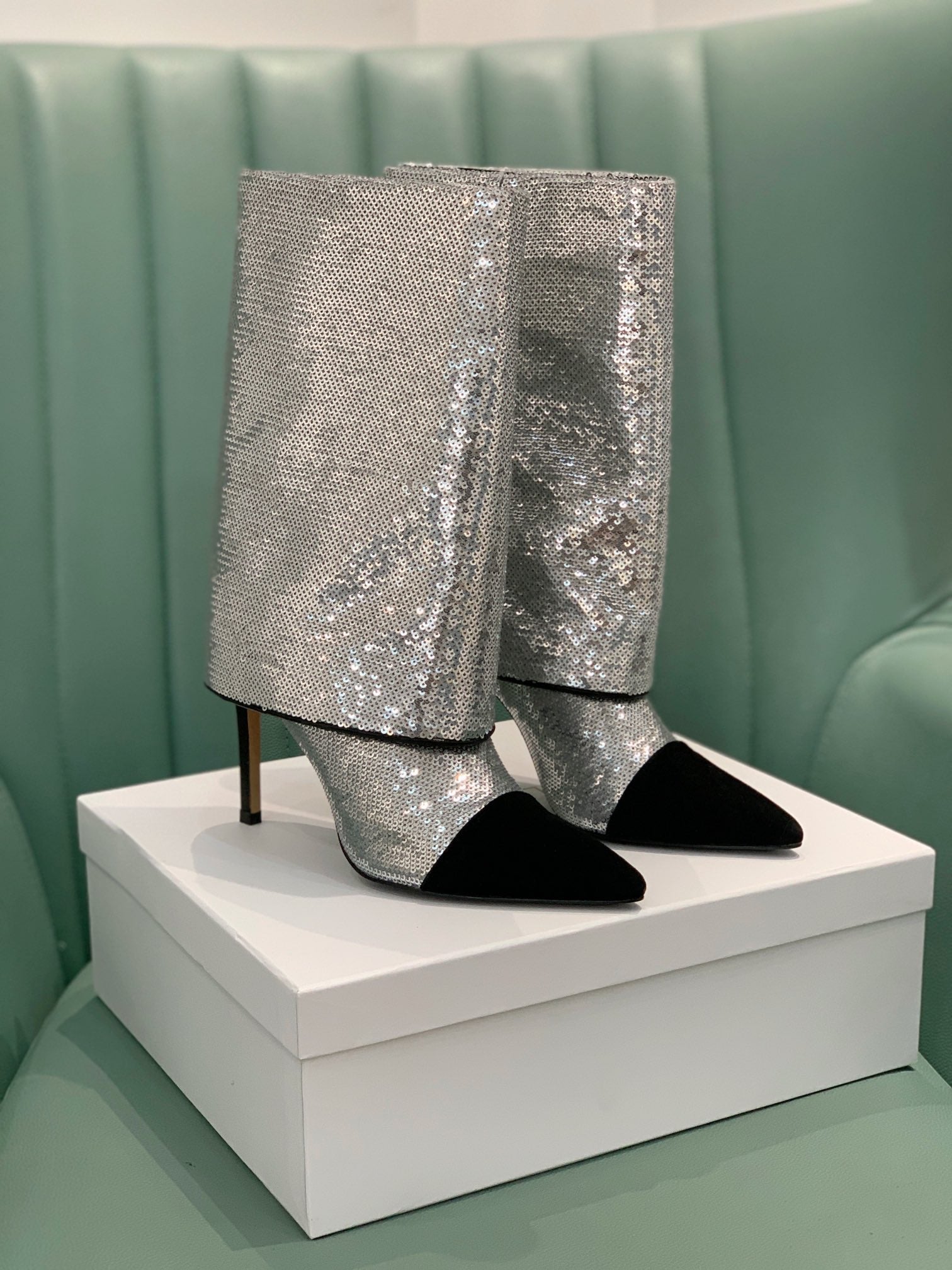 BALMAIN 26S BOOTS 105 MM IN SILVER GLITTER AND BLACK SUEDE