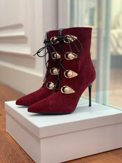 BALMAIN 26S BOOT 95 MM IN DARK RED SUEDE PEARL BUTTON