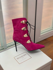 BALMAIN 26S BOOT 95 MM IN DARK PINK SUEDE PEARL BUTTON