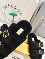 FENDI DAD SANDAL MULE IN BLACK SUEDE WITH FLEECE WITH GOLD HARDWARE