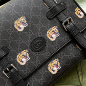 TIGER PRINT MESSENGER BAG 28 IN BLACK CANVAS AND LEATHER TRIM