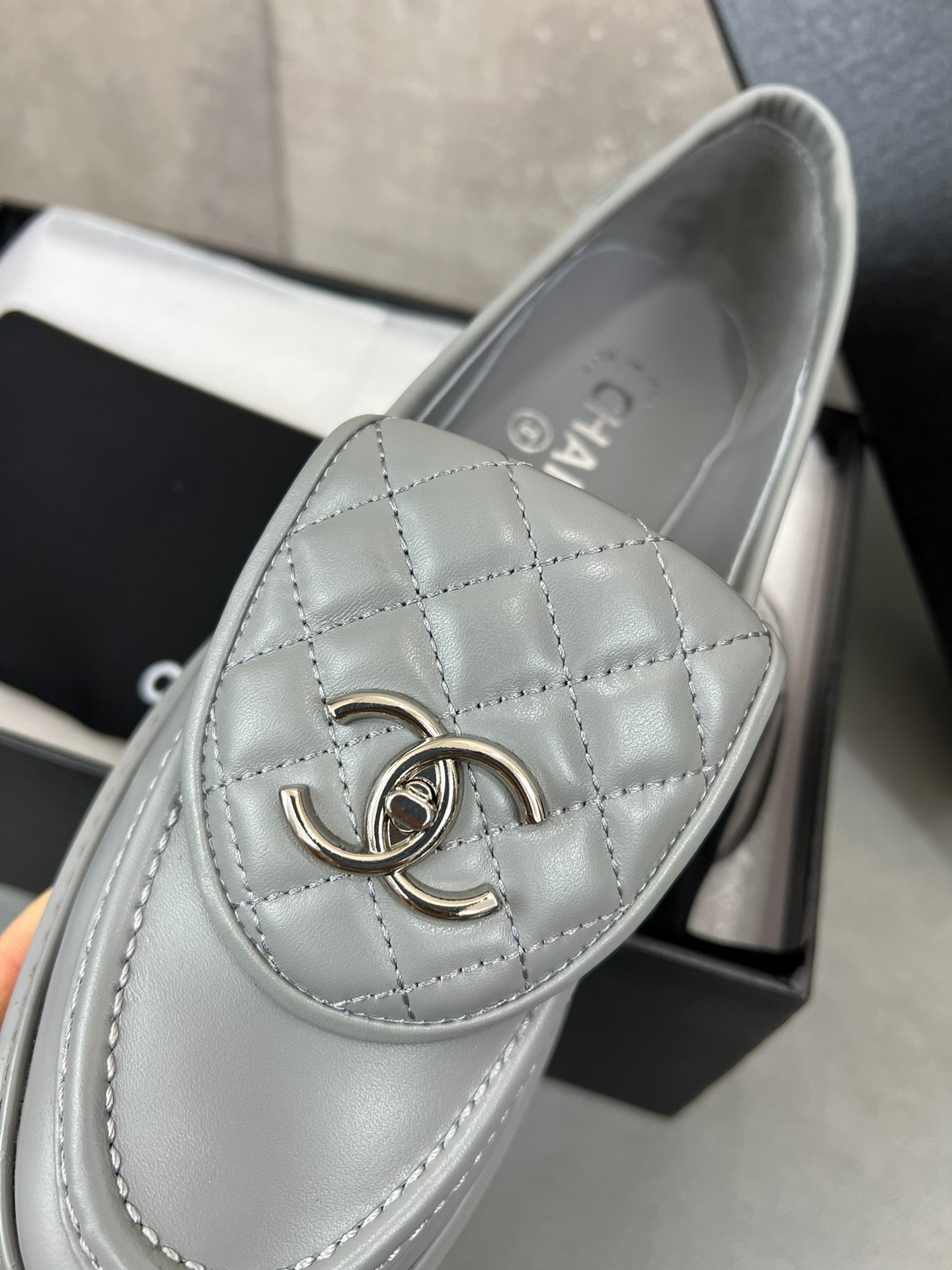 CHANEL 26S LOAFERS IN GREY QUILTED CALFSKIN WITH CC LOGO