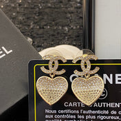 CHANEL 26S DOUBLE C LOGO PAVE CRYSTAL HEART DROP EARRINGS IN GOLD METAL 633109