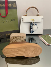 HORSEBIT SNOW ANKLE BOOTS IN ECRU BEIGE MONOGRAM JACQUARD FABRIC MIX BROWN CALFSKIN AND LAMB WOOL LINING