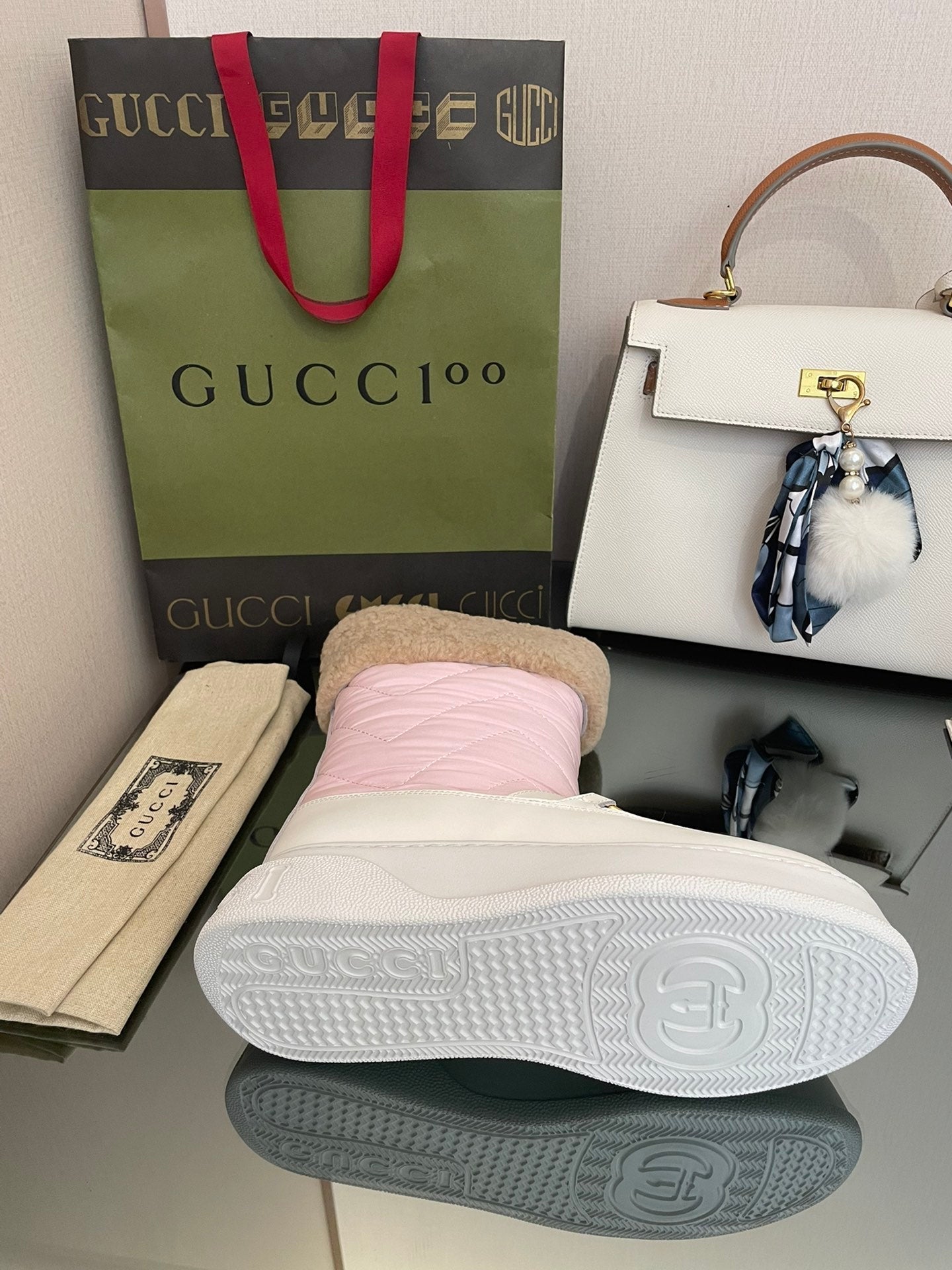 HORSEBIT ANKLE BOOTS WITH MERINO TRIM IN LIGHT PINK NYLON MIX WHITE CALFSKIN