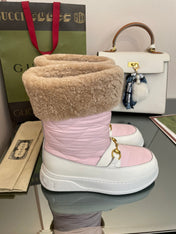 HORSEBIT ANKLE BOOTS WITH MERINO TRIM IN LIGHT PINK NYLON MIX WHITE CALFSKIN