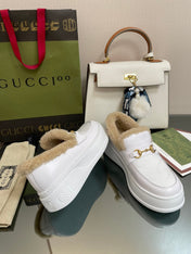 GG LOAFER IN WHITE CALFSKIN WITH BEIGE WOOL LINING