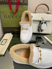 GG LOAFER IN WHITE CALFSKIN WITH BEIGE WOOL LINING