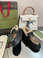 GG LOAFER IN PEANUT BROWN JACQUARD AND BLACK CALFSKIN WITH BEIGE WOOL LINING