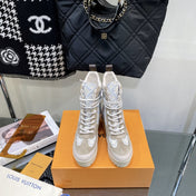 LAUREATE PLATFORM BOOTS IN OAT TAN SUEDE AND MONOGRAM JACQUARD PATTERN