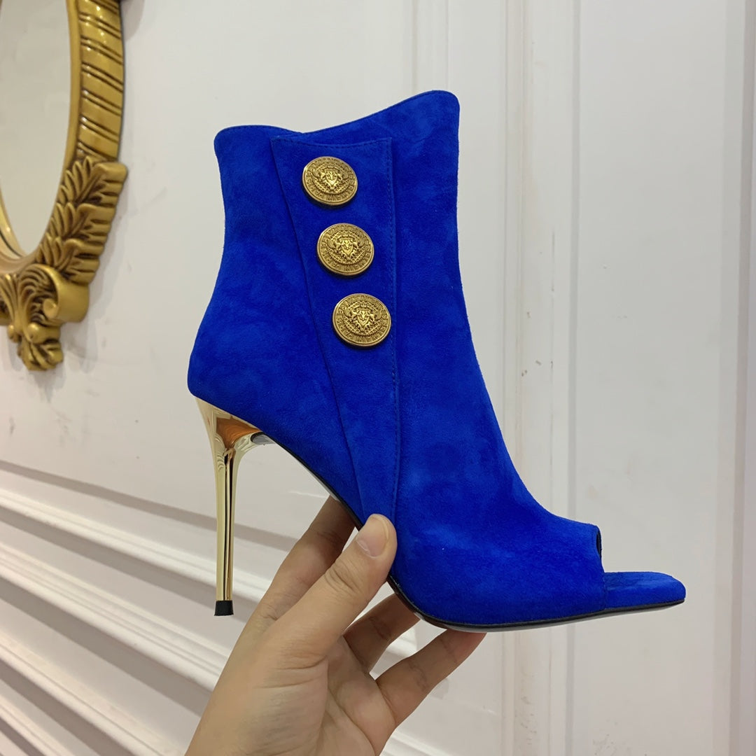 BALMAIN 26S OPEN-TOE BOOTS 95 MM IN NAVY BLUE SUEDE
