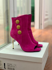 BALMAIN 26S OPEN-TOE BOOTS 95 MM IN DARK PINK SUEDE