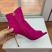 BALMAIN 26S OPEN-TOE BOOTS 95 MM IN DARK PINK SUEDE