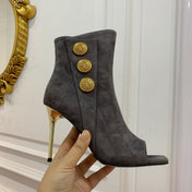 BALMAIN 26S OPEN-TOE BOOTS 95 MM IN GRAYISH BROWN SUEDE