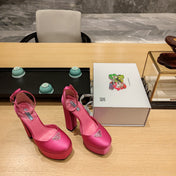 PRADA 26S PLATFORM ANKLE STRAP PUMPS 135MM IN PINK SATIN